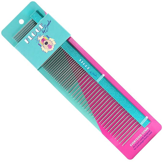Floof by Brodie Everydog Comb, 8 in. Greyhound Style Fine/Coarse Fur Comb for Dogs and Puppies, Cats; Rounded Corners Prevent Friction and Breakage, Solid Brass with Steel Teeth, Chrome Finish