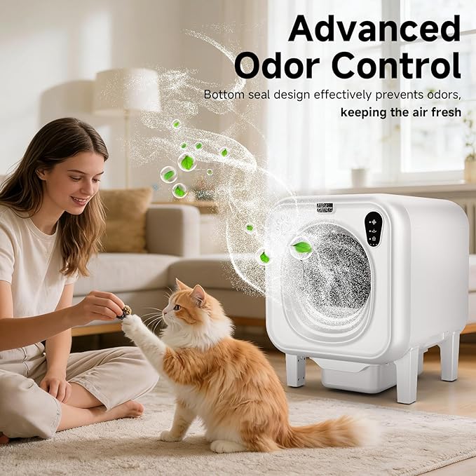 Self Cleaning Litter Box, Extra Large Automatic Cat Litter Box Self Cleaning for Multiple Cats, App Control, Safety Protection, Ultra-Quiet,Includes Trash Bags,White