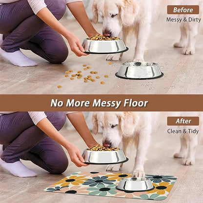 Abstract Daisy Flower Dog Food Mat for Floors,Retro Groovy Flowers Absorbent Pet Food and Water Bowl Mats,Non-Slip Pet Feeding Mat,Pet Supplies 16" x 24"
