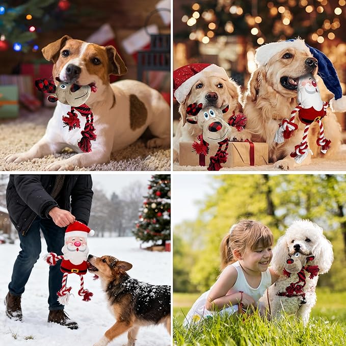 PAWCHIE Dog Christmas Toys 2 Pack,Squeaky Chew Dog Toy Interactive Puppy Toys,Soft Pet Plush Teething Pet Rope Toys Santa Claus Reindeer Shape for Boredom, for Small Medium Dogs,Red