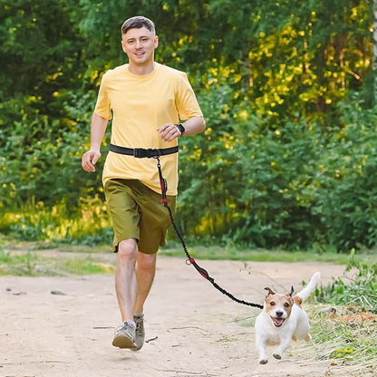 Mile High Life Hands Free Waist Leash for Dog Running Training and Jogging, Adjustable Belt with Double Handle, Reflective Bungee for Medium Large Dogs (Red, 7FT)