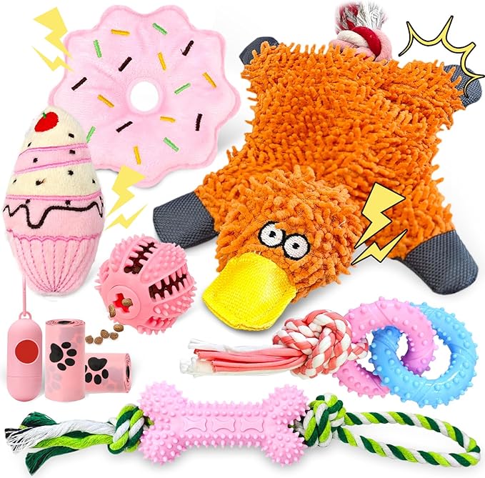 9 Pack Dog Toys for Small Dogs & Puppies Puppy Chew Toys for Teething No Stuffing Squeaky Rubber Chew Toys with Duck Toy, Donut, Cake, Dog Bone & Treat Ball for Calming Chewing Fun
