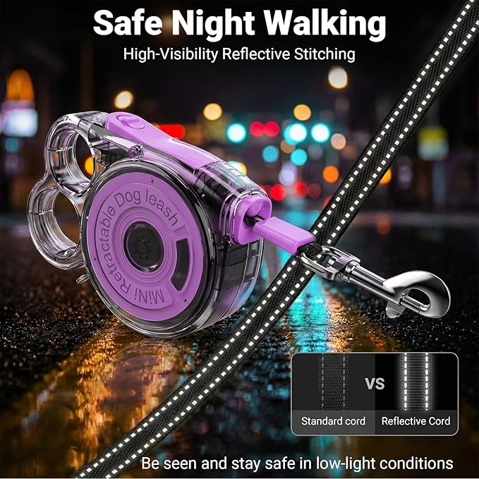 Retractable Dog Leash for Small Dogs, 10ft Retractable Leash for Puppies Up to 26 lbs, 360° Tangle-Free Heavy Duty Nylon Tape, One-Handed Brake Pause Lock, Reflective Strip for Safe Night Walking