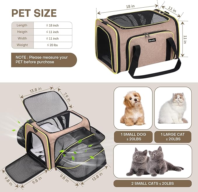 Premium Pet Carrier – Dog & Cat Travel Bag, Airline Approved, Soft-Sided Design for Small to Large Pets, TSA Compliant, Expandable & Collapsible (Brown)