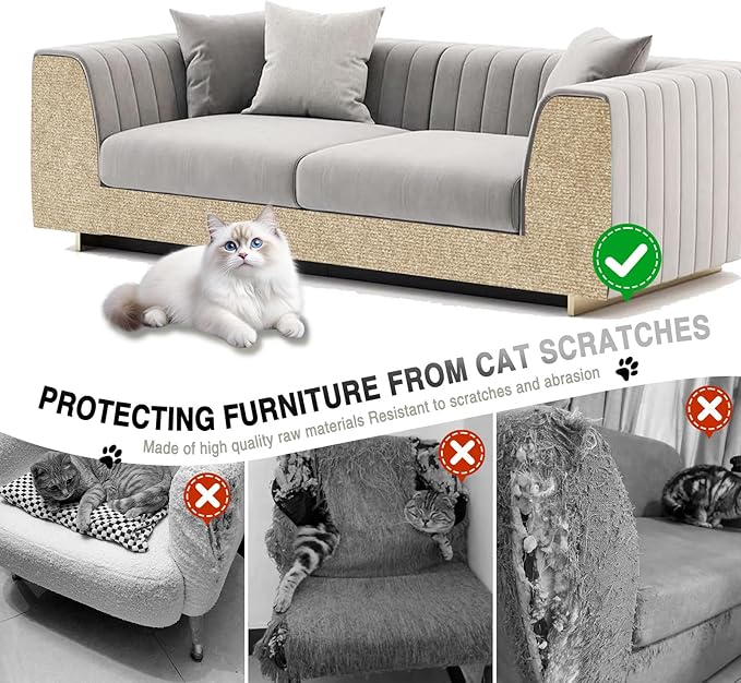 Cat Scratch Mat for Couch, Wall & Cat Tree – 78.7" Trimmable Self-Adhesive Cat Scratcher, Furniture Protector for Cats, Felt Alternative to Sisal, DIY Replacement for Cat Tower, 2 Pack (Khaki)