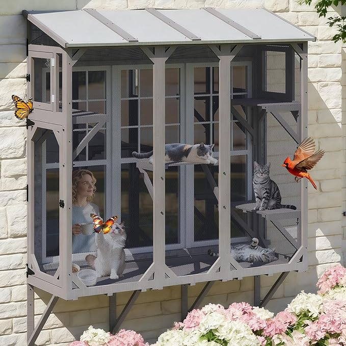 PetsCosset Cat Window Box Wooden Window Catio for Indoor Cats, Cat Enclosure with 4 Platforms & 3 Doors, Wall-Mounted Perch for Sunbathing, Play & Tunnel Connection, All-Weather Use, Keeps Insects Out