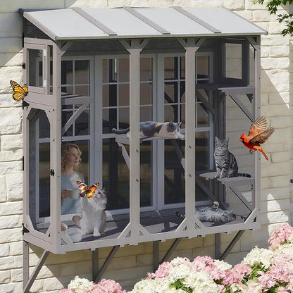 PetsCosset Cat Window Box Wooden Window Catio for Indoor Cats, Cat Enclosure with 4 Platforms & 3 Doors, Wall-Mounted Perch for Sunbathing, Play & Tunnel Connection, All-Weather Use, Keeps Insects Out