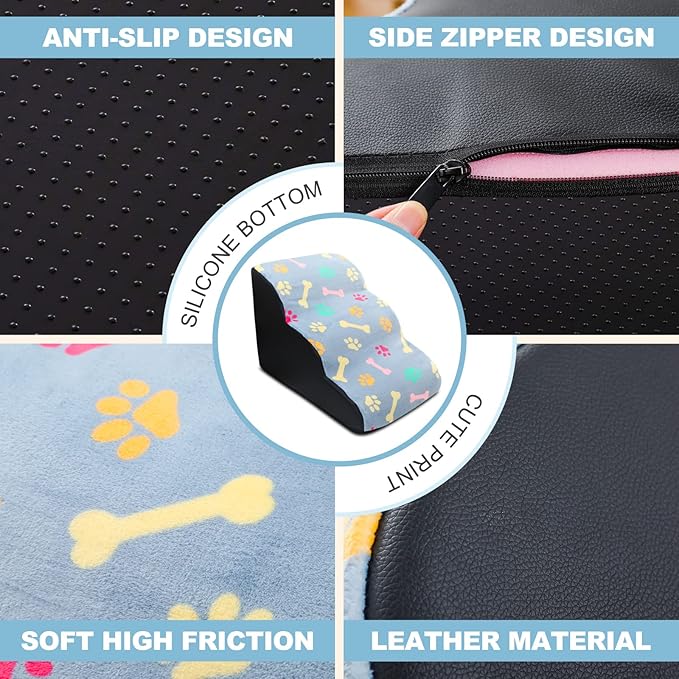 Pet Stairs, 3-Steps Dog Stairs, Removable and Washable Dog Stairs with Slope Steps and Non-Slip Bottom, Soft and Comfortable Dog Ramp(Black-Paw)