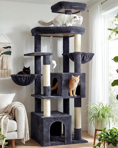 Globlazer Sturdy Cat Tree, 68-inch Large Cat Tower for Indoor Adult Cats 20 lbs Heavy Duty Cat Tree for Big Cats with Extra Large Platform, 5 Scratching Post, S68, Dark Grey