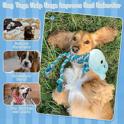 JMZDS&JL Tough Dog Toys for Puppies and Small-Medium Dogs, Tug of War and Plush Stuffed Animals for Teething and Chewing Fun (Hippo)