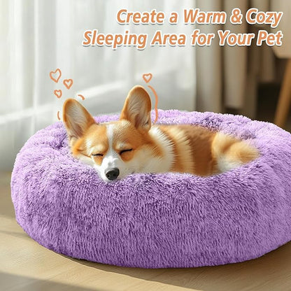 JOLLYVOGUE Calming Dog Beds Large Sized Dog, 36in Donut Washable Large Pet Bed, Anti-Slip & Anti-Anxiety Fluffy Faux Fur Round Dogs Bed, Fits up to 80 lbs Pets (Purple)