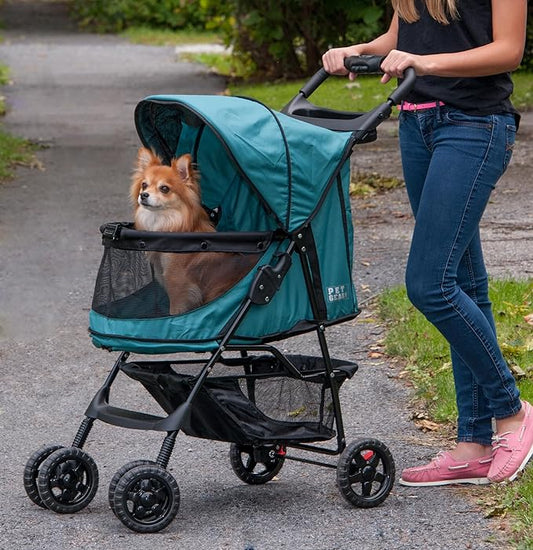 Pet Gear No-Zip Happy Trails Pet Stroller for Cats/Dogs, Zipperless Entry, Easy Fold with Removable Liner, Storage Basket + Cup Holder, Jade