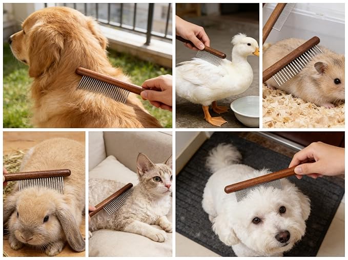 3 Pack Wood Pet Grooming Combs with Stainless Steel Teeth for Cat Dog Rabbit, Flea Lice Comb Grooming Tool Set for Small Medium Pets