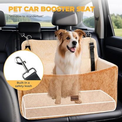 Dog Car Seat for Large Medium Dogs up to 60 lbs – Elevated Dog Booster Seat for Cars with Extra-Safe 14in High Front, Memory Foam Cushion, Washable Cover, Backseat Pet Car Bed (Brown)