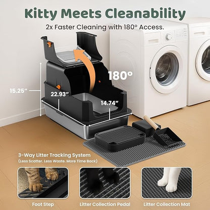 Stainless Steel Litter Box with Lid - XL Enclosed Litter Box for Cats with Collecting Mat - 4 Way Setup Fully Closed, Semi Low, High & Open Kitty Boxes, Leak Proof Metal LitterBox (Black)