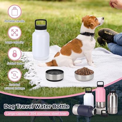 Dog Travel Water Bottle, 3 in 1 Stainless Steel Insulated Dog Water Bottle for Dogs, Portable Travel Dispenser with 2 Removable Bowls for Walking, Hiking, Camping, Outdoor (White, 32OZ)