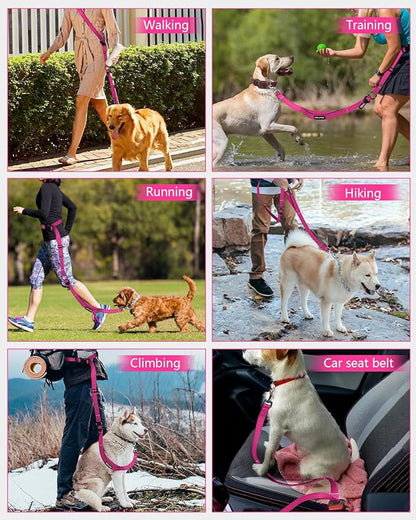 Hands Free Dog Leash & Car Seatbelt, 5.9-9.5ft Crossbody Dog Belt with Dual Soft Handles, Shock-Absorbing, 360° Clip, Reflective Design for Walking, Running, Hiking, Travel. (Rosered)