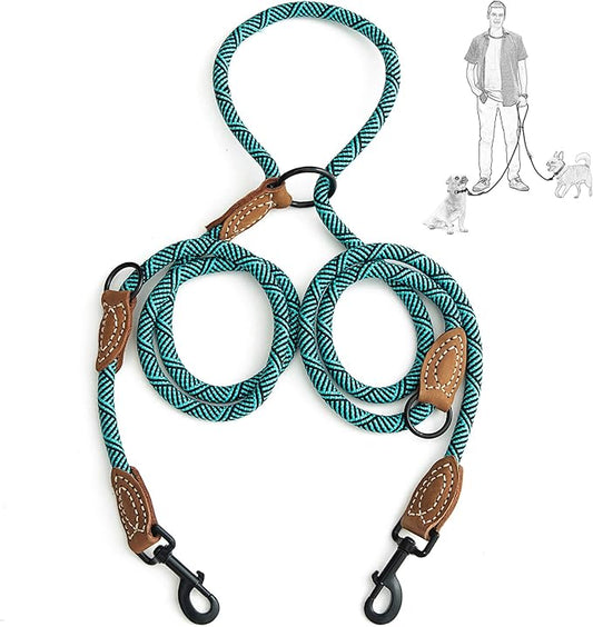 Mile High Life Dual Dog Leash - Double, 360 Swivel, Hands Free, Leather Tailored Connection, 8FT Green