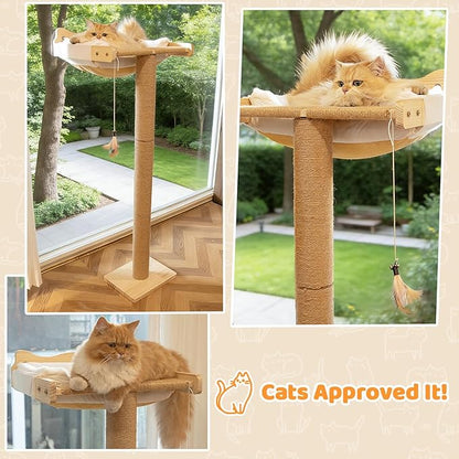 Cat Window Perch with Scratching Post, 46" Adjustable Tall Scratching Posts & Suction Cup – White Rabbit Fur Pad, Multi-Level Perch for Climbing, Bird Watching, Play, Supports 45 lbs (Drilling-Free)