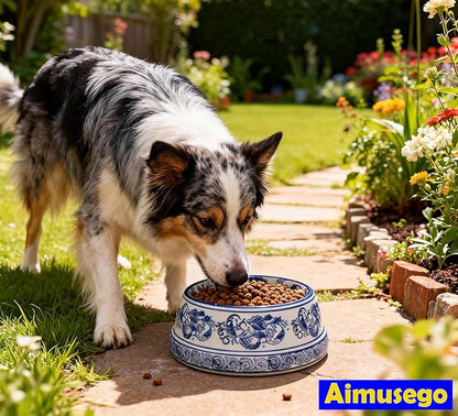 Aimusego Basics Ceramic Non-Skid Pet Dog Water and Food Bowl,Chinoiserie Blue&White Dog Cat Puppy Feeding Bowls Dish,Ideal for Small to Medium Dogs 9inch