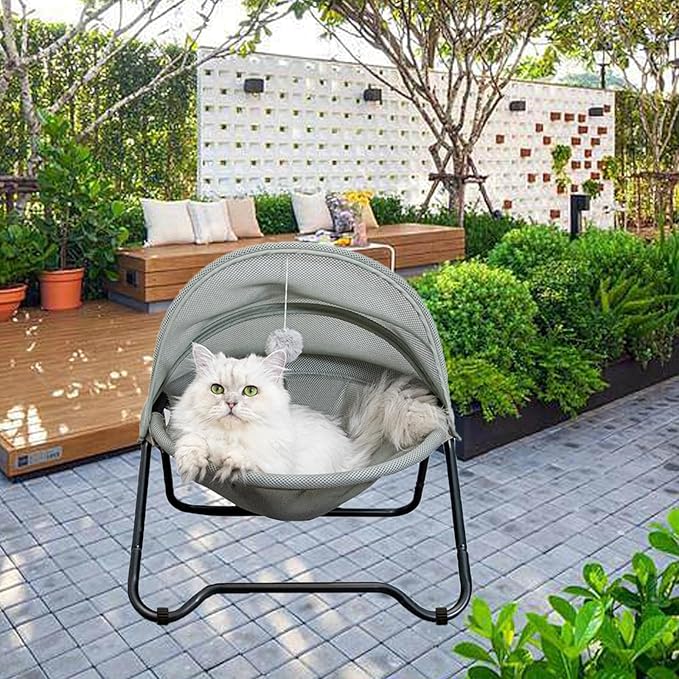 Cat Hammock Bed Elevated cat Bed, Comfortable and Breathable Pet Bed with Awning and Plush Toy, No-Tools Assemble, Cover Removable and Washable, Suitable for Indoor and Outdoor Use