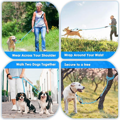 Lukovee Hands Free Dog Leash, 10FT Adjustable Training Lead 1/2 Inch Nylon Heavy Duty Lead No Pull for Large Medium Dogs, Tangle Free Reflective Waist-Leash for Walking Running(Xie-Blue, Plus Handle)