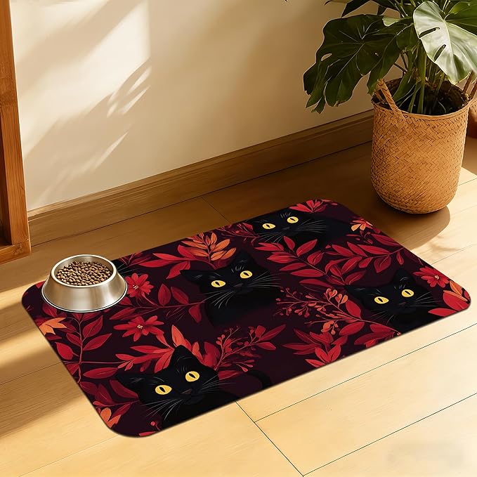 Black Cat Forest Pet Feeding Mat, Fast-Dry Absorbent Dog and Cat Bowl Mat, Waterproof Non-Slip Base for Messy Eaters, Indoor Pet Accessories – 16x24 Inch