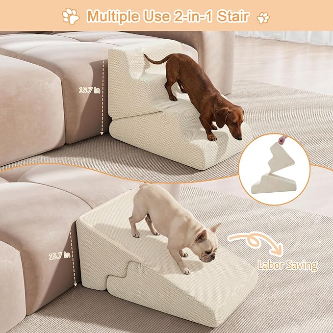 Dog Ramp for Bed, Extra Wide 20" Width Dog Stairs for High Bed, 2 in 1 Pet Steps for Small Dogs, 4-Step Foldable Transformable Large Cats Ramp to Get on Couch, Non-Slip Balanced, Beige