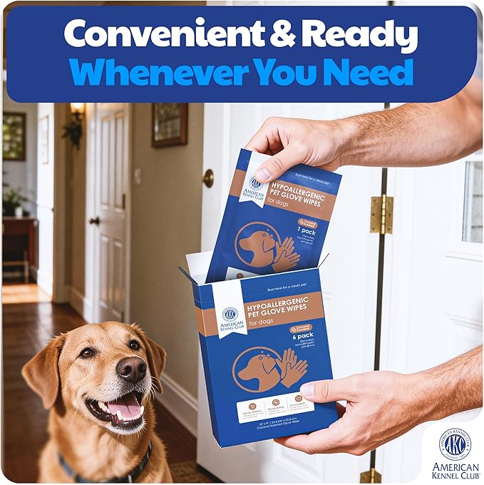 AKC Coconut-Scented Dog Bathing Glove Wipes, 6 Pack, No-Rinse Deodorizing Gloves for All Dog Sizes & Fur Types, Waterless Quick Cleaning for Paws, Fur & Travel