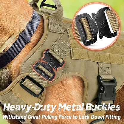 rabbitgoo Tactical Dog Harness for Large, Heavy Duty Pet Harness with Handle, No-Pull Service Vest Large Breed, Adjustable Military Dog Vest for Training Hunting Walking, Brown, L