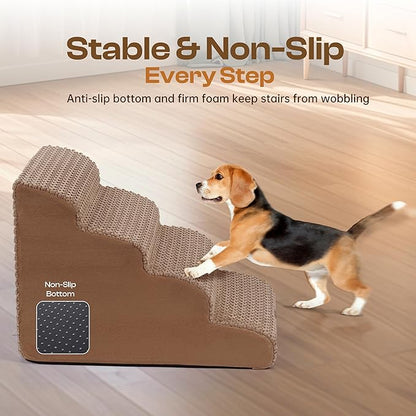 Extra Wide 4 Steps Dog Stairs for Bed & Couch 18" H, More Stable Non-Slip Dog Ramps with Gentle Slopes, Stylish Indoor Pet Steps for Medium & Large Dogs, Coffee