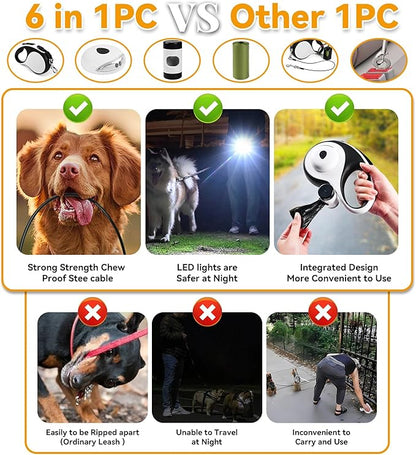 Heavy Duty Retractable Dog Leash for Large Dogs, 26ft Dog Leash with Poop Bag Holder, Up to 110lbs, chew Proof Cable, LED Light, 360° No-Tangle, One-Handed Pause & Locked. (White, M 16ft)