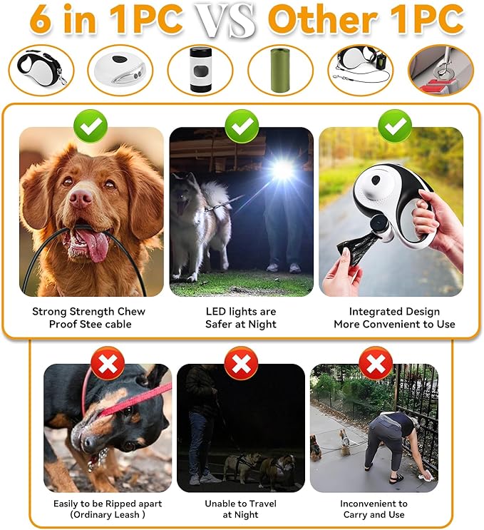 Heavy Duty Retractable Dog Leash for Large Dogs, 26ft Dog Leash with Poop Bag Holder, Up to 110lbs, chew Proof Cable, LED Light, 360° No-Tangle, One-Handed Pause & Locked. (White, L 26ft)