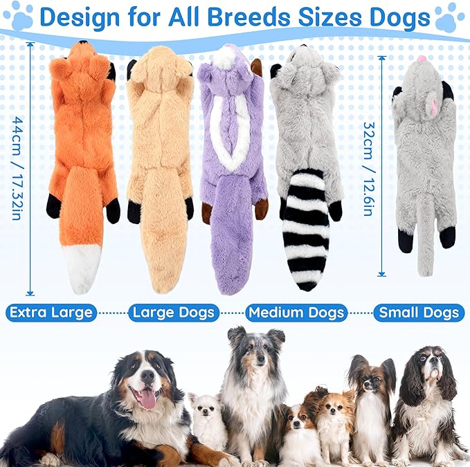 5-Pack Fluff-Free Squeaky Dog Toys - Crinkle No-Stuffing Body & Lightly Filled Head with Treat Hiden Pocket, Dog Toys Bundle for Aggressive Chewers Small Medium Large Dogs to Keep Them Busy