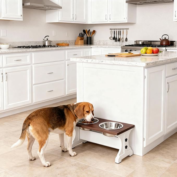 Piskyet Elevated Dog Bowls,Farmhouse Dog Bowls Stand, Raised Dog Bowl with 2 Stainless Steel Wooden Dog Bowl,3.5Cups8.5''H_30 oz Bowl-Farmhouse Style