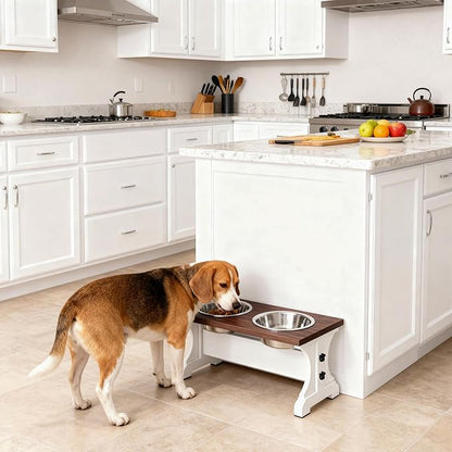 Piskyet Elevated Dog Bowls,Farmhouse Dog Bowls Stand, Raised Dog Bowl with 2 Stainless Steel Wooden Dog Bowl,3.5Cups8.5''H_30 oz Bowl-Farmhouse Style
