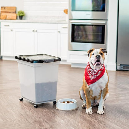 IRIS USA Dog Food Storage Container 50 lbs, with Removable Rolling Wheels, for Dog Cat Bird and Other Pets, Food Storage Bin, Keep Fresh, Made in USA, Pearl/Black