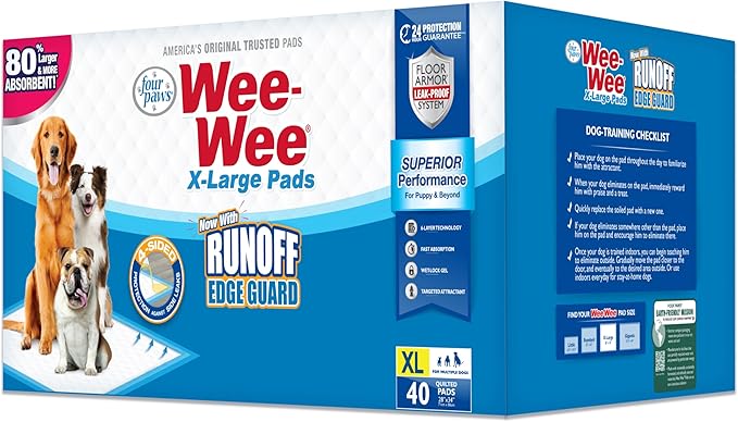 Four Paws Wee-Wee Superior Performance Unscented Extra-Large Pee Pads for Dogs & Puppies, Quilted Leak-Proof Dog Housebreaking Potty Training Floor Protection, 28" x 34", 14 Count