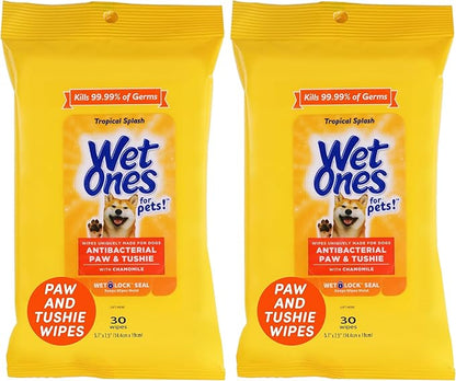 Wet Ones Dog Wipes, Pack of 2, 30 Count Total | Paw & Tushie | Tropical Splash Scent | Wet Lock Seal Pouch | With Chamomile