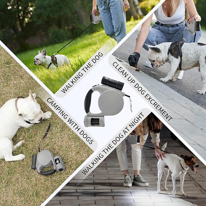 Retractable Dog Leash for Medium & Small Dogs - 16.4 Ft Pet Leash with Detachable LED Flashlight, Poop Bag Dispenser, Ergonomic Handle(Gray)
