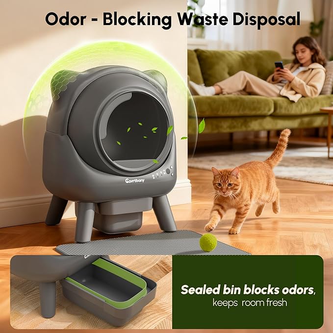 Automatic Litter Box, Self Cleaning Litter Box, Cat Robot for Multiple Cats, with Smart APP Control and Health Monitoring, Safety Sensors, with Trash Bags, Grey