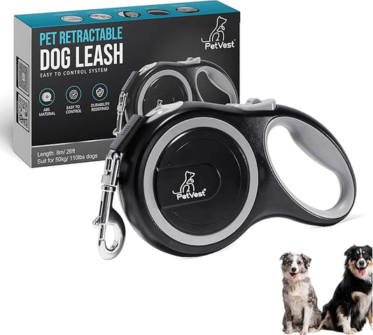 Retractable Dog Leash – Extendable up to 26 FT, Heavy Duty Nylon Tape, No-Tangle, One-Handed Brake & Lock, for Small to X-Large Dogs up to 110 lbs (Black)
