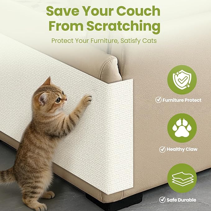 Cat Scratch Couch Furniture Protector, 78.7" x 15.8" Cat Scratcher Pad Deterrent from Cats Claws Scratching, DIY Sisal Carpet Cat Proof Couch Cover Replacement for Indoor Sofa, Wall, Door, Beige