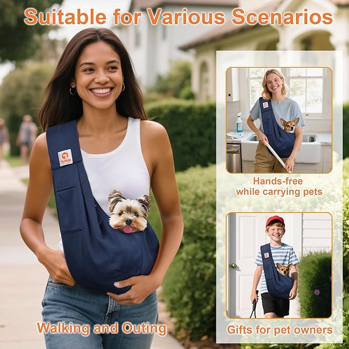 Tomkas Small Dog Cat Sling Carrier Puppy Purse Travel Wrap Soft Crossbody Pet Bag (Dark Blue, M - Classic Pocket & Classic Strap)