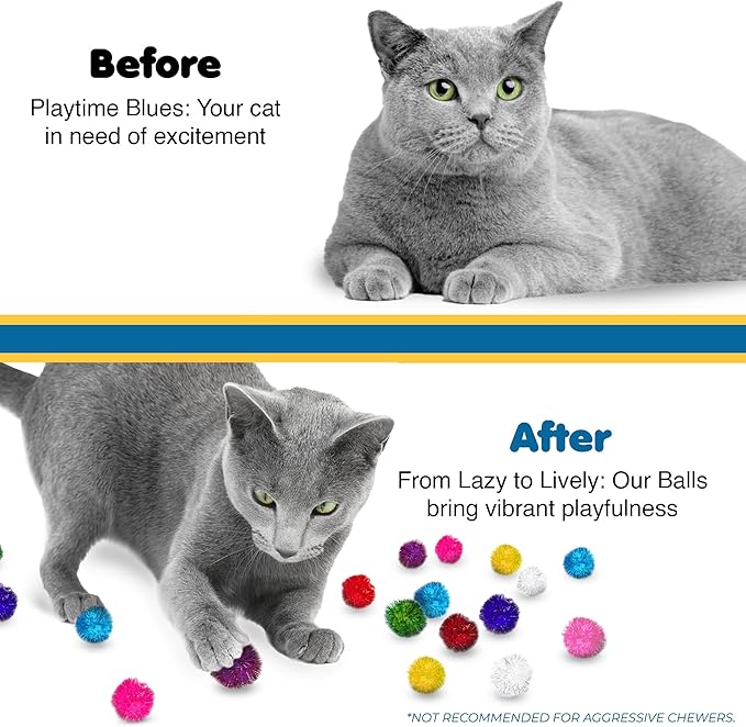 SunGrow Cat Pom Pom Balls, 20 Multi-Colored Shiny Enrichment Tinsel Pom Poms, 1” Tight Woven Yarn, Fuzzy Flash Balls for Indoor Kitten, Assorted Soft Glitter Orbs for Feline's Body and Brain Workout