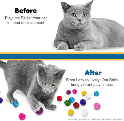 SunGrow Cat Pom Pom Balls, 20 Multi-Colored Shiny Enrichment Tinsel Pom Poms, 1” Tight Woven Yarn, Fuzzy Flash Balls for Indoor Kitten, Assorted Soft Glitter Orbs for Feline's Body and Brain Workout