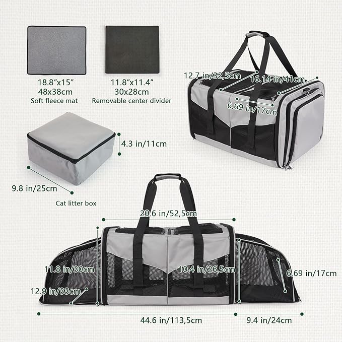 Expandable Cat Carrier for 2 Cats, Double Compartment Large Pet Carrier for Long Distance Car Travel, Includes 2 Portable Litter Boxes, Foldable Multi-Cat Travel for Road Trips & Camping, Gray