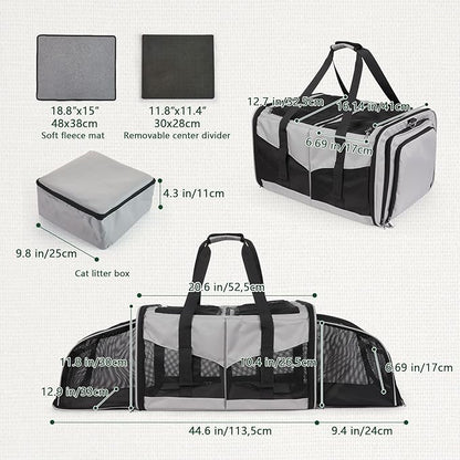 Expandable Cat Carrier for 2 Cats, Double Compartment Large Pet Carrier for Long Distance Car Travel, Includes 2 Portable Litter Boxes, Foldable Multi-Cat Travel for Road Trips & Camping, Gray