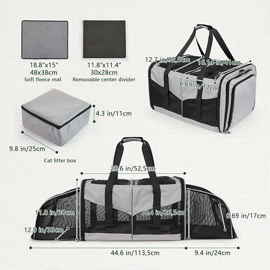 Expandable Cat Carrier for 2 Cats, Double Compartment Large Pet Carrier for Long Distance Car Travel, Includes 2 Portable Litter Boxes, Foldable Multi-Cat Travel for Road Trips & Camping, Gray