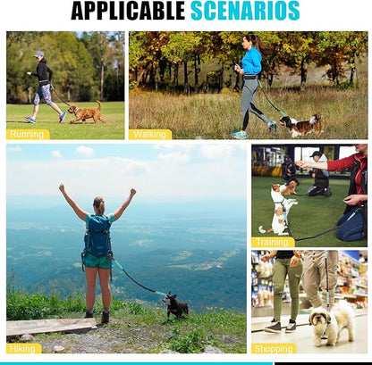 Hands Free Dog Leash with Zipper Pouch, Reflective Retractable Bungee with Double Padded Handles, Adjustable Dog Waist Leash for Running Walking Hiking Jogging Biking(Large, 25-120 lbs)